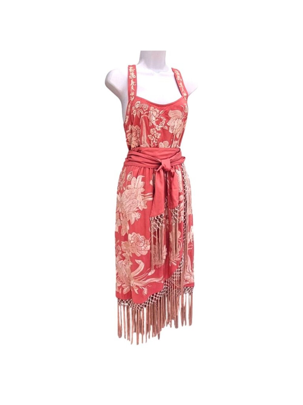 Anthropologie Lucille Embroidered Fringe Wrap Dress Size 4 to 8 Rose Pink